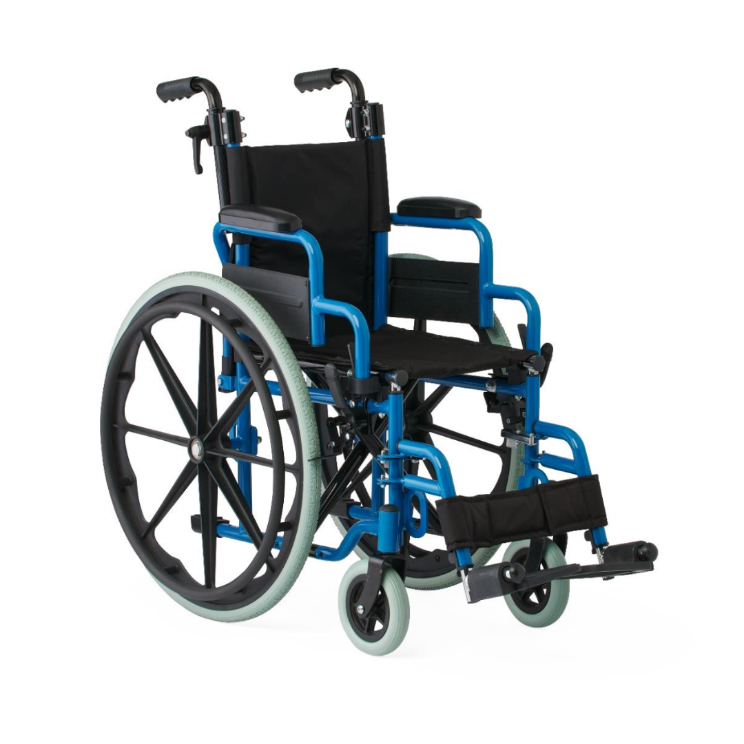 The Medline Pediatric Kidz Guardian Wheelchair, in blue and black, features large rear wheels, small front wheels, armrests, footrests, and adjustable comfort supports, displayed against a white background.